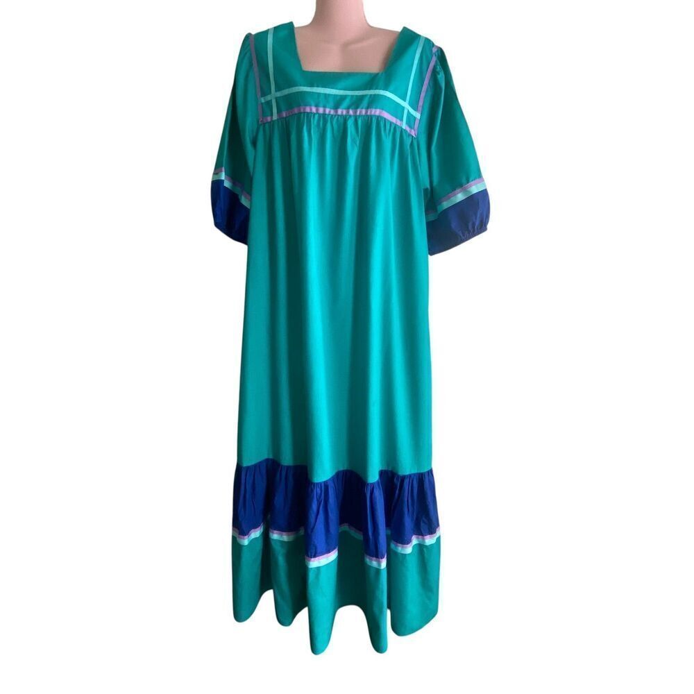 Vintage Hilda Hawaii MuuMuu Dress Womens Large Maxi Colorblock Made USA 80s